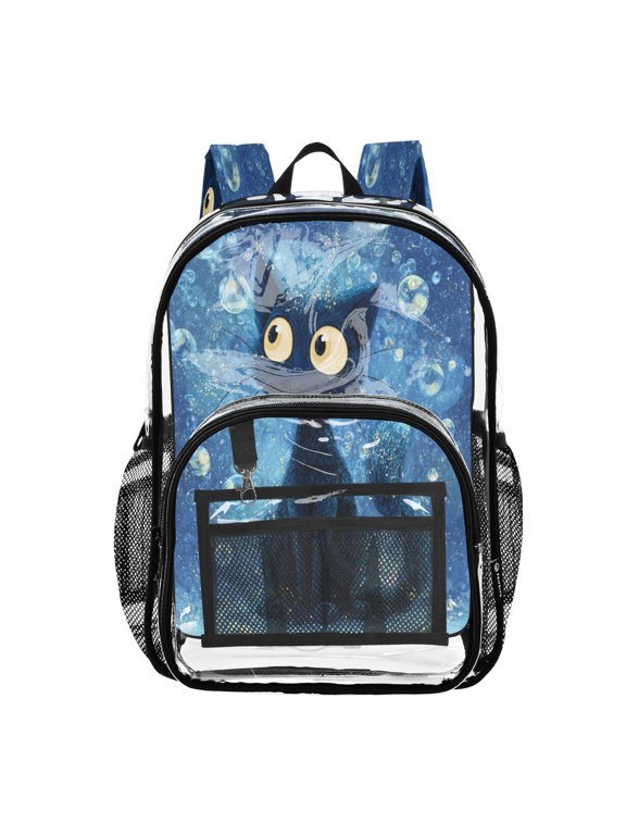 Clear PVC Backpack 12L Transparent Shoulder Bag with Mesh Pockets Bubbles Around The Cat