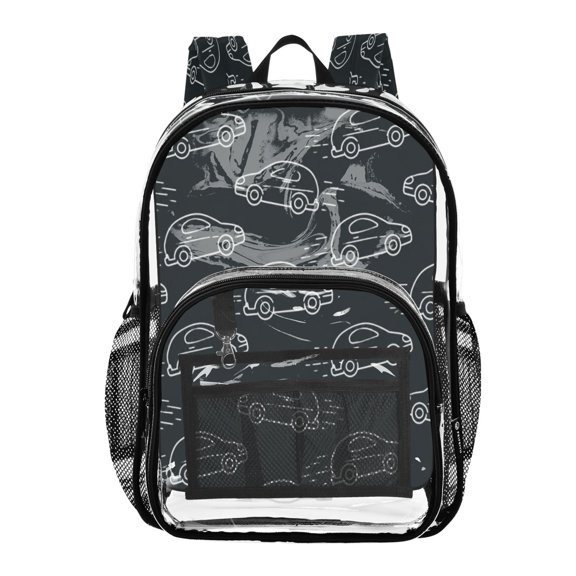 Clear PVC Backpack 12L Transparent Shoulder Bag with Mesh Pockets Car Motion Seamless Pattern