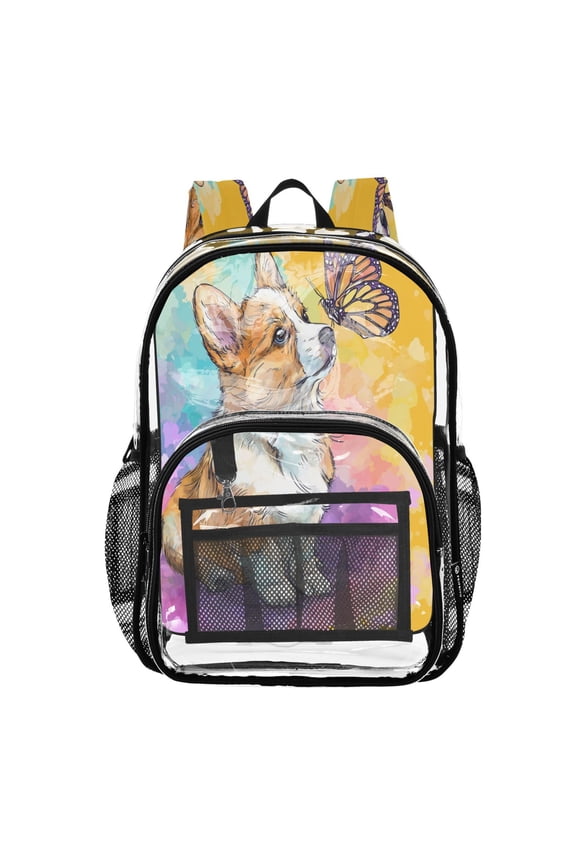 Clear PVC Backpack 12L Transparent Shoulder Bag with Mesh Pockets Cartoon Drawing Of A Corgi