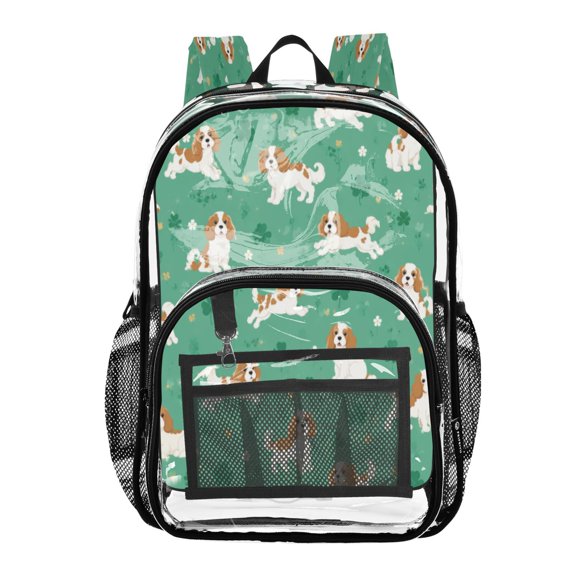 Clear PVC Backpack 12L Transparent Shoulder Bag with Mesh Pockets Cavalier Charles Spaniel Pattern