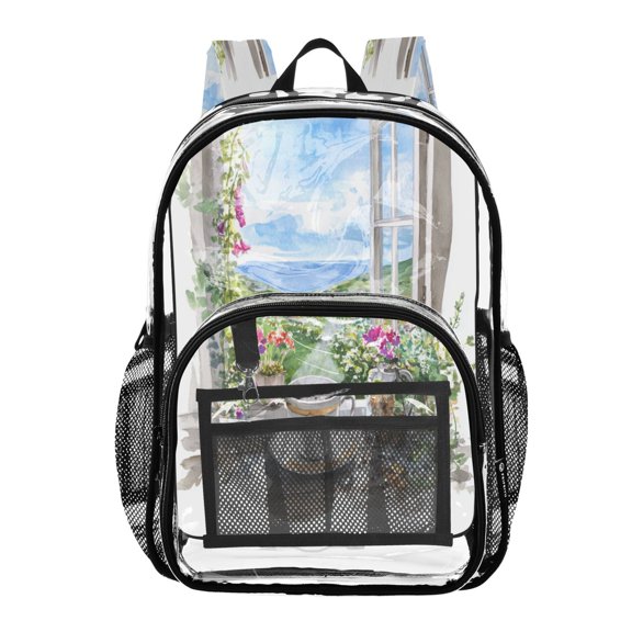 Clear PVC Backpack 12L Transparent Shoulder Bag with Mesh Pockets Coffee by The Window