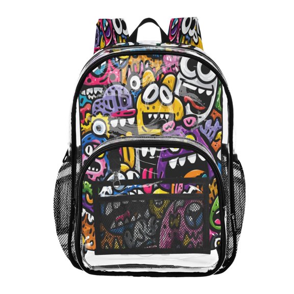 Clear PVC Backpack 12L Transparent Shoulder Bag with Mesh Pockets Colorful Cartoon Monsters