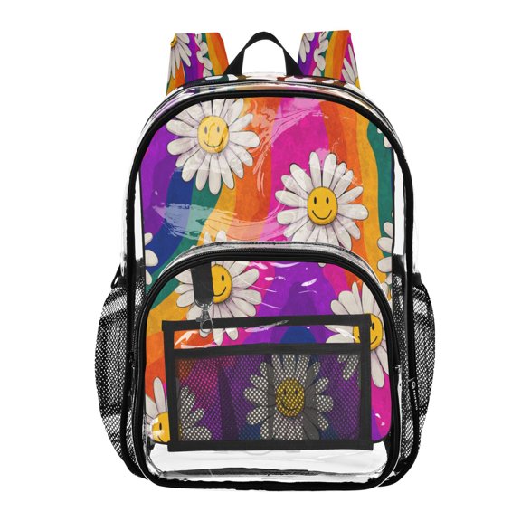 Clear PVC Backpack 12L Transparent Shoulder Bag with Mesh Pockets Colorful Daisy Flowers