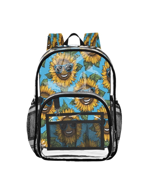 Clear PVC Backpack 12L Transparent Shoulder Bag with Mesh Pockets Cool Blue Sunglasses Sunflowers