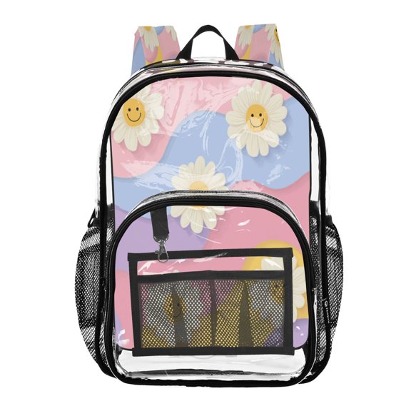Clear PVC Backpack 12L Transparent Shoulder Bag with Mesh Pockets Cute Adorable Smiling Daisies