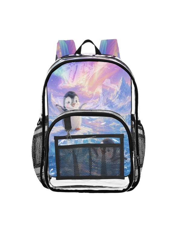 Clear PVC Backpack 12L Transparent Shoulder Bag with Mesh Pockets Cute Arctic Penguin Painting