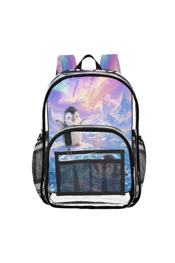 Clear PVC Backpack 12L Transparent Shoulder Bag with Mesh Pockets Cute Arctic Penguin Painting
