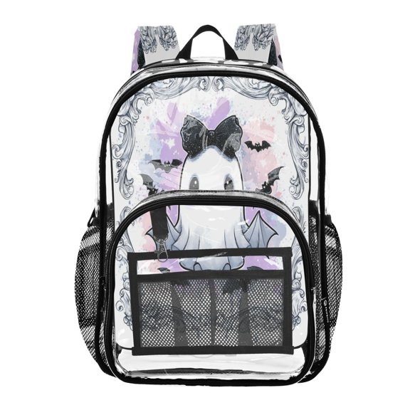 Clear PVC Backpack 12L Transparent Shoulder Bag with Mesh Pockets Cute Black Bow Ghost