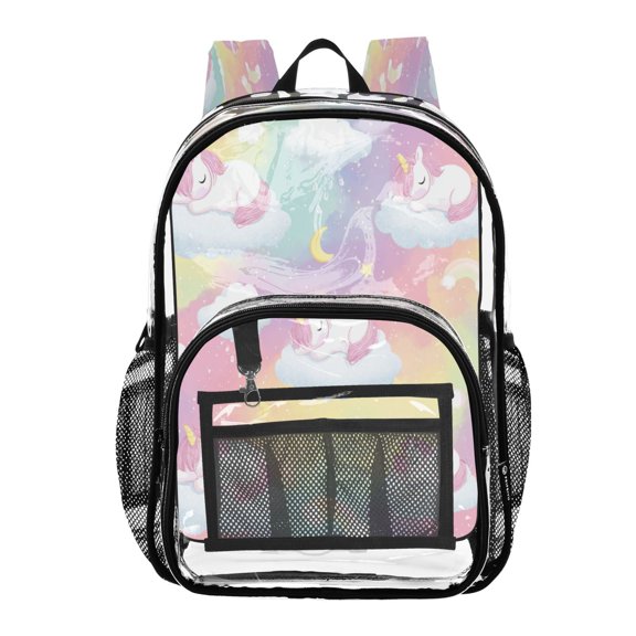 Clear PVC Backpack 12L Transparent Shoulder Bag with Mesh Pockets Cute Cloud Unicorn Print