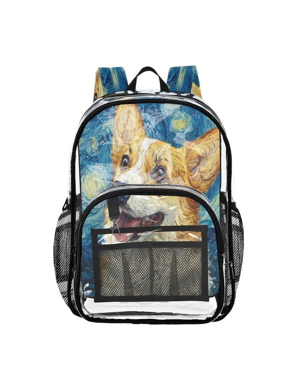 Clear PVC Backpack 12L Transparent Shoulder Bag with Mesh Pockets Cute Corgi under The Stars
