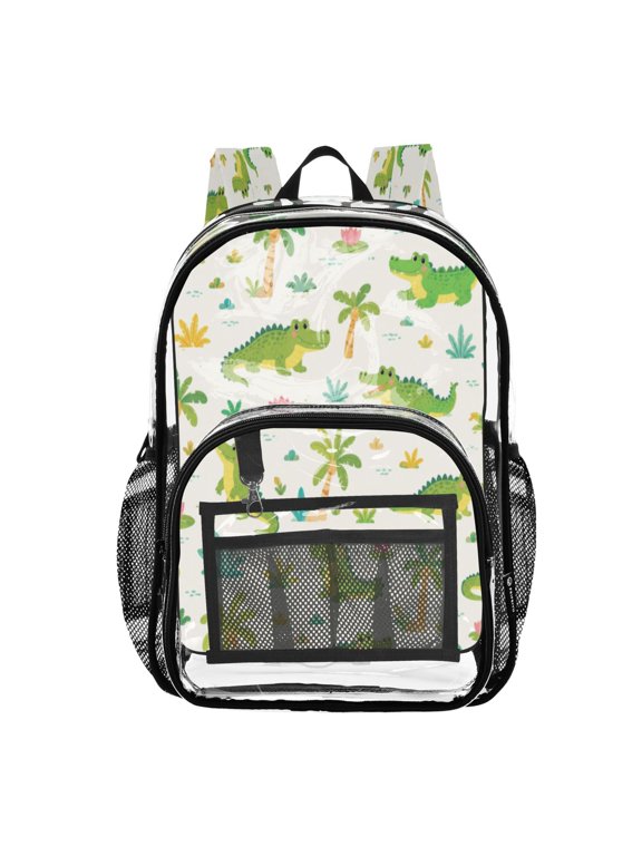 Clear PVC Backpack 12L Transparent Shoulder Bag with Mesh Pockets Cute Crocodile Jungle Pattern