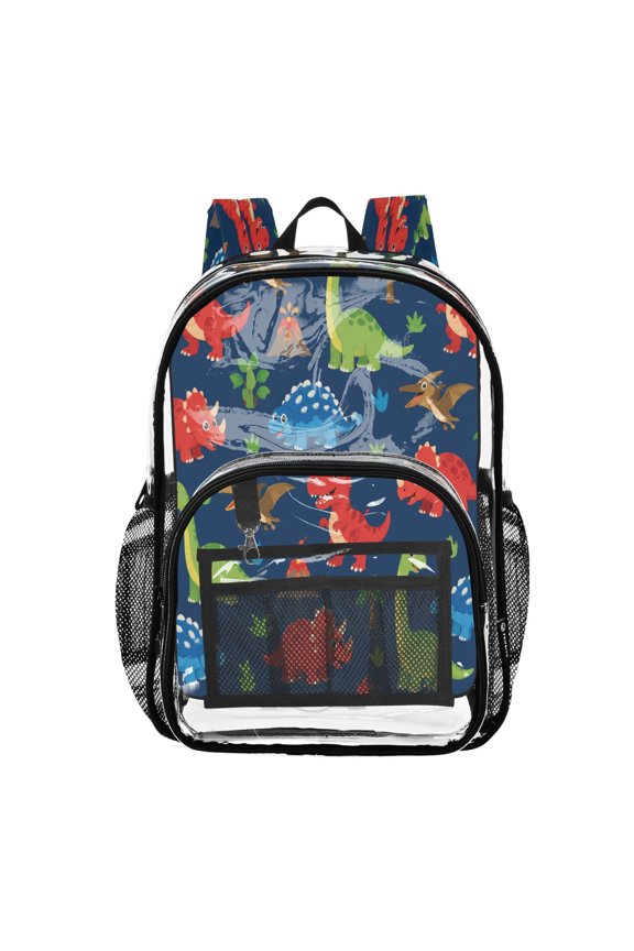 Clear PVC Backpack 12L Transparent Shoulder Bag with Mesh Pockets Cute Dinosaur Volcano Pattern