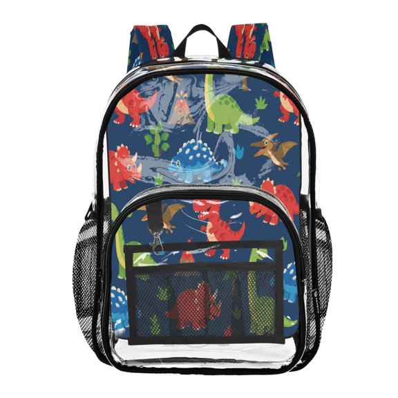 Clear PVC Backpack 12L Transparent Shoulder Bag with Mesh Pockets Cute Dinosaur Volcano Pattern