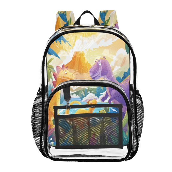 Clear PVC Backpack 12L Transparent Shoulder Bag with Mesh Pockets Cute Dinosaur Volcano Scene