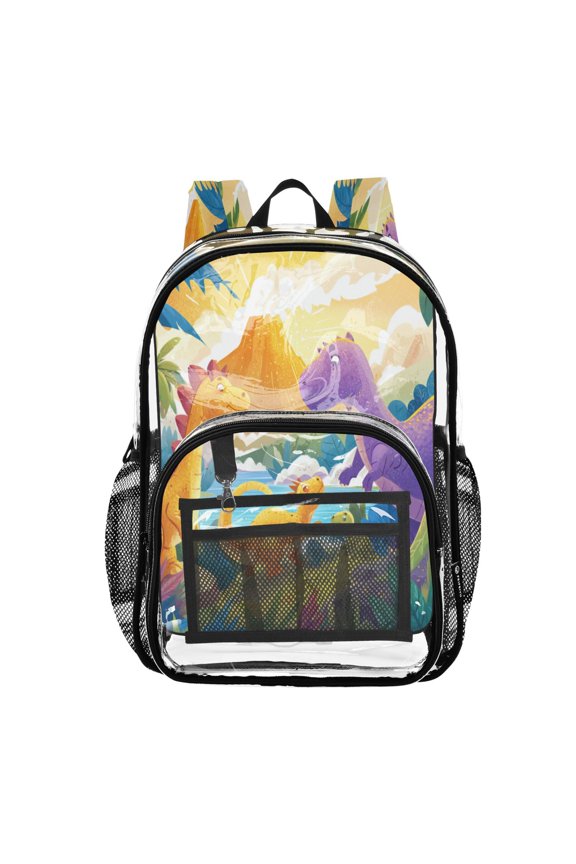 Clear PVC Backpack 12L Transparent Shoulder Bag with Mesh Pockets Cute Dinosaur Volcano Scene