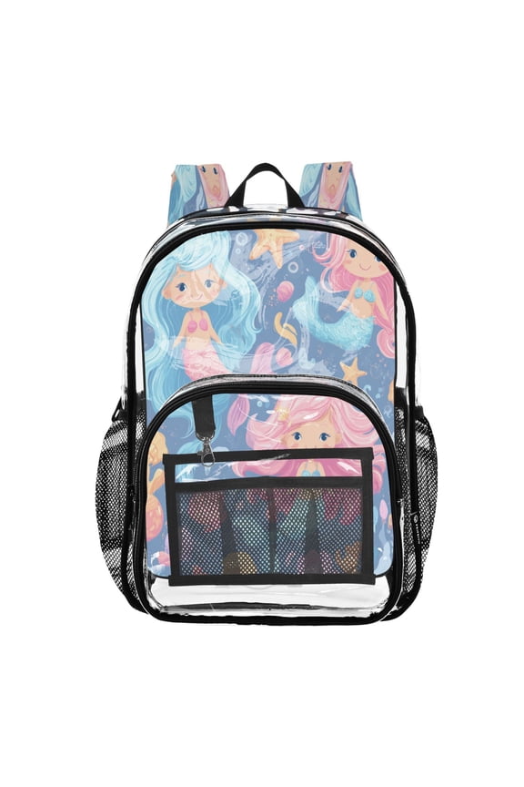 Clear PVC Backpack 12L Transparent Shoulder Bag with Mesh Pockets Cute Little Mermaids