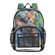 Clear PVC Backpack 12L Transparent Shoulder Bag with Mesh Pockets Cute Little Raccoon Skiing