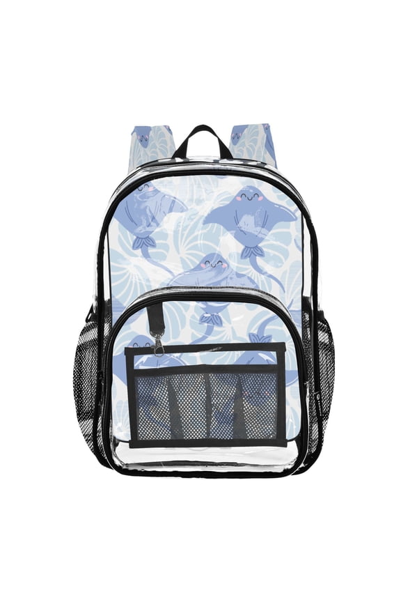 Clear PVC Backpack 12L Transparent Shoulder Bag with Mesh Pockets Cute Ocean Stingray Art