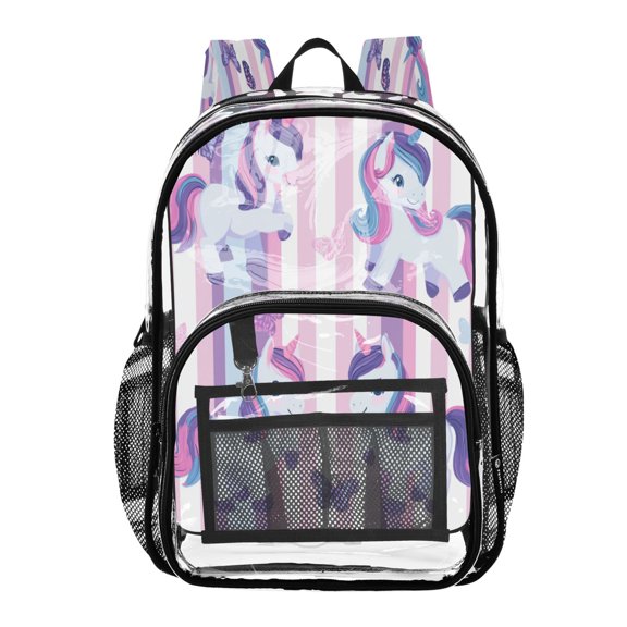 Clear PVC Backpack 12L Transparent Shoulder Bag with Mesh Pockets Cute Pastel Unicorn Stripe