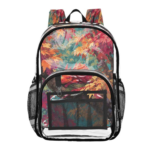 Clear PVC Backpack 12L Transparent Shoulder Bag with Mesh Pockets Cute Red Dragon at Rest