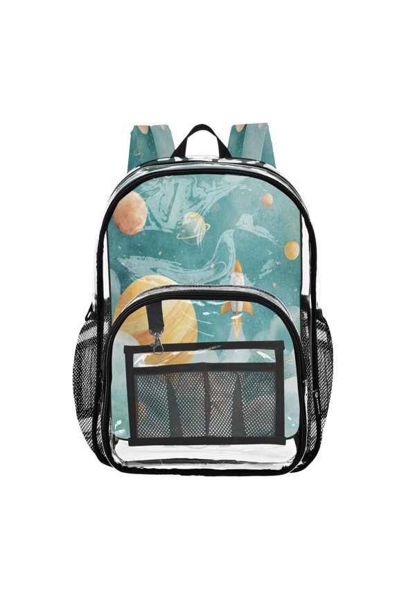 Clear PVC Backpack 12L Transparent Shoulder Bag with Mesh Pockets Cute Rocket Space Planets Print