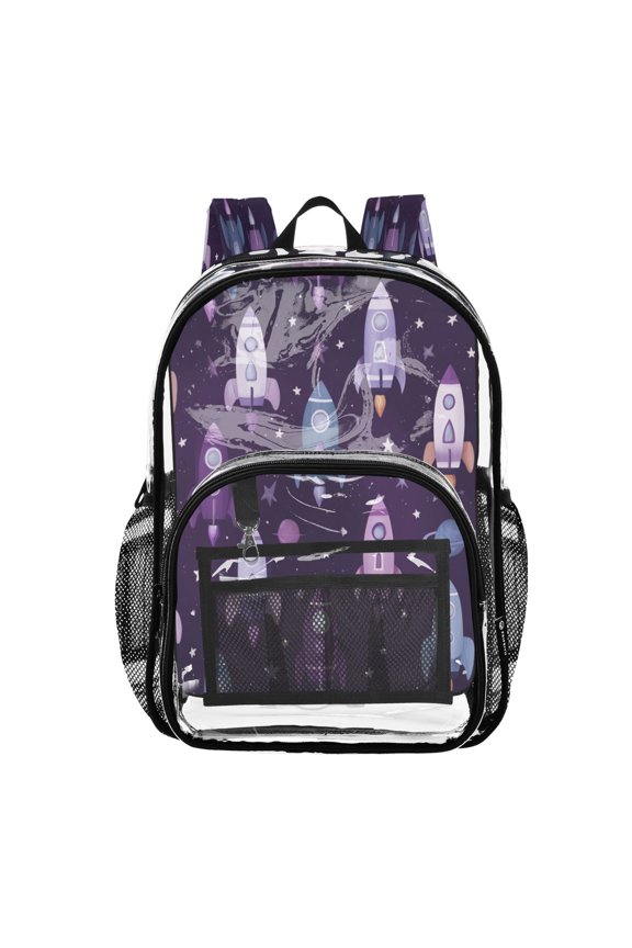 Clear PVC Backpack 12L Transparent Shoulder Bag with Mesh Pockets Cute Space Rocket Pattern
