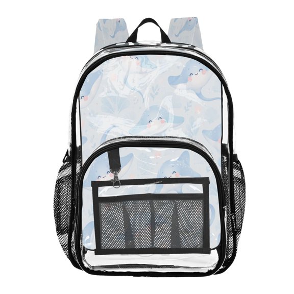 Clear PVC Backpack 12L Transparent Shoulder Bag with Mesh Pockets Cute Stingray Pattern