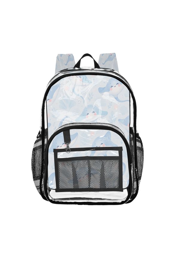 Clear PVC Backpack 12L Transparent Shoulder Bag with Mesh Pockets Cute Stingray Pattern
