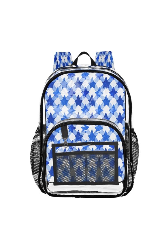 Clear PVC Backpack 12L Transparent Shoulder Bag with Mesh Pockets Dark Blue Five-pointed Star