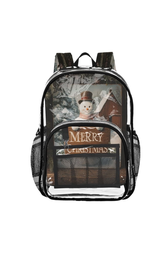 Clear PVC Backpack 12L Transparent Shoulder Bag with Mesh Pockets Decorate Snowman Portrait