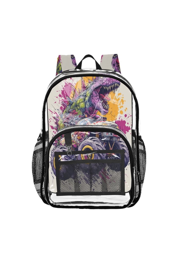 Clear PVC Backpack 12L Transparent Shoulder Bag with Mesh Pockets Dino-monster Truck Hybrid