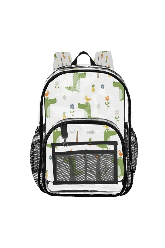 Clear PVC Backpack 12L Transparent Shoulder Bag with Mesh Pockets Dinosaurs and Birds