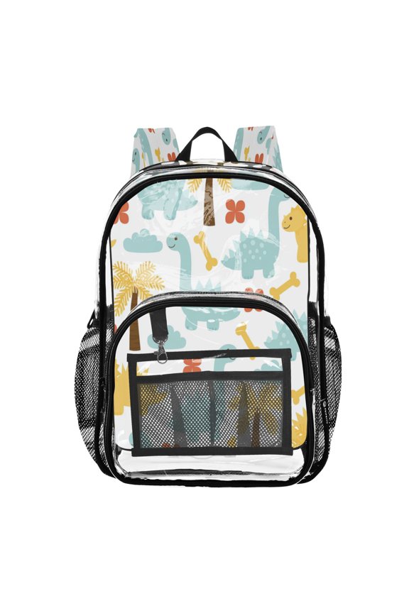 Clear PVC Backpack 12L Transparent Shoulder Bag with Mesh Pockets Dinosaurs and Coconut Trees