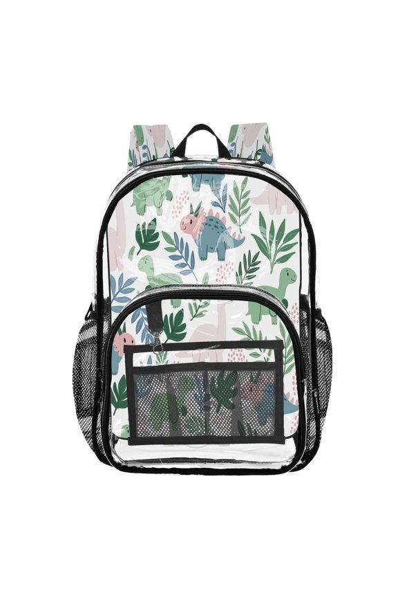 Clear PVC Backpack 12L Transparent Shoulder Bag with Mesh Pockets Dinosaurs and Leaves