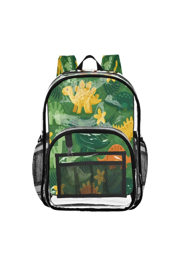 Clear PVC Backpack 12L Transparent Shoulder Bag with Mesh Pockets Dinosaurs in The Forest