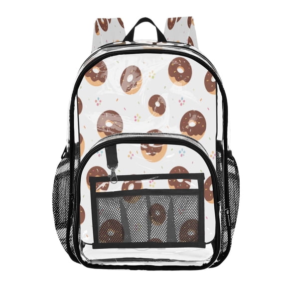 Clear PVC Backpack 12L Transparent Shoulder Bag with Mesh Pockets Donut Pattern Sweet Dessert