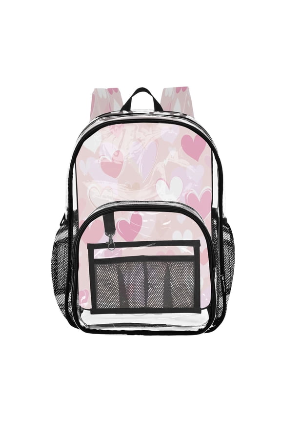 Clear PVC Backpack 12L Transparent Shoulder Bag with Mesh Pockets Dreamy Heart Confetti