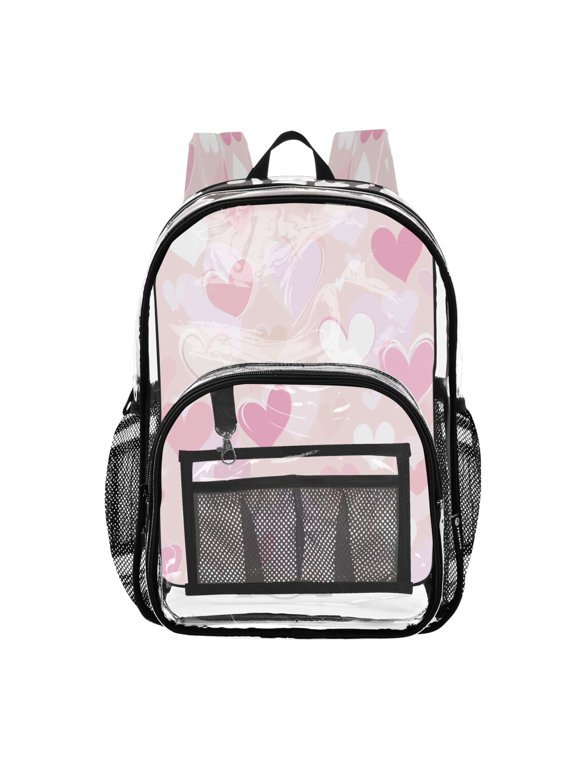Clear PVC Backpack 12L Transparent Shoulder Bag with Mesh Pockets Dreamy Heart Confetti