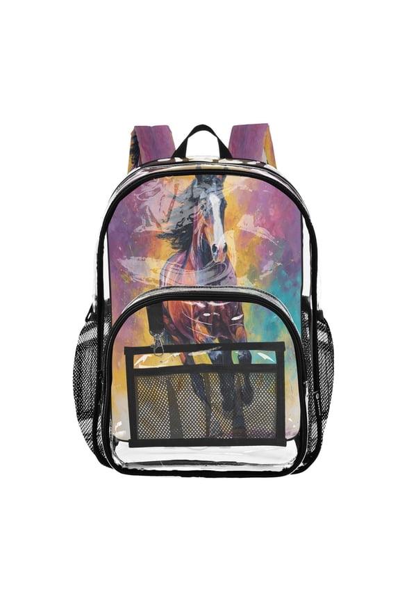 Clear PVC Backpack 12L Transparent Shoulder Bag with Mesh Pockets Dynamic Equestrian Art Design