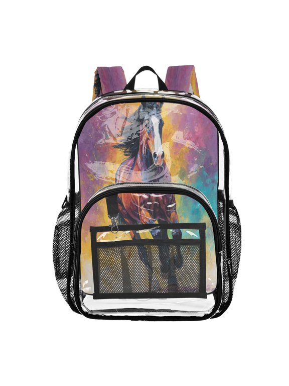 Clear PVC Backpack 12L Transparent Shoulder Bag with Mesh Pockets Dynamic Equestrian Art Design
