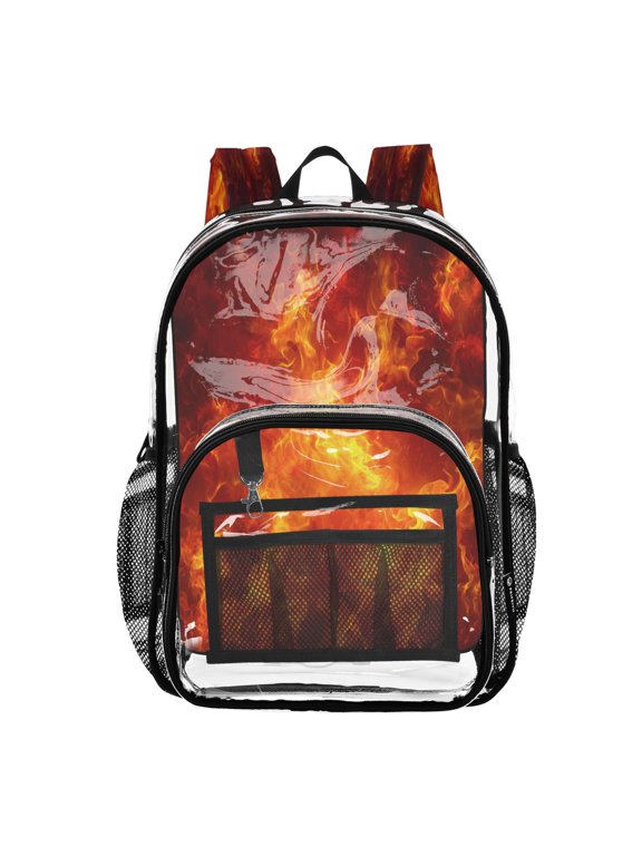 Clear PVC Backpack 12L Transparent Shoulder Bag with Mesh Pockets Dynamic Fire Flame Pattern