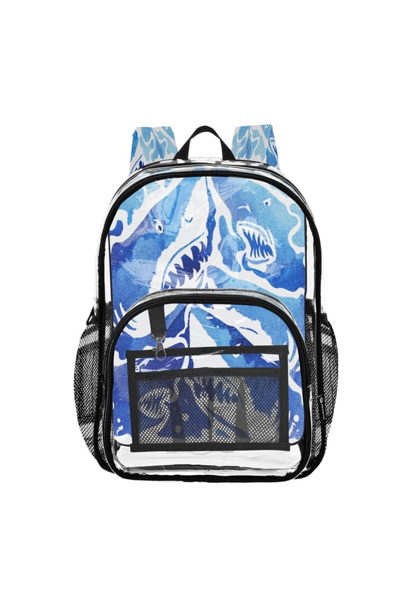 Clear PVC Backpack 12L Transparent Shoulder Bag with Mesh Pockets Edgy Blue Shark Print