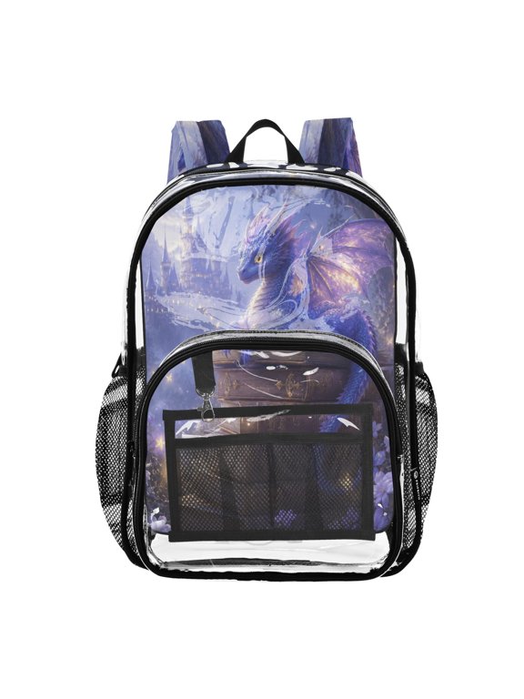 Clear PVC Backpack 12L Transparent Shoulder Bag with Mesh Pockets Fantasy Dragon Castle Design
