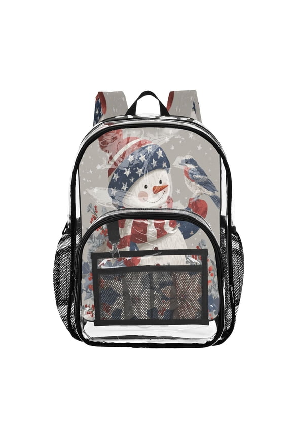 Clear PVC Backpack 12L Transparent Shoulder Bag with Mesh Pockets Five-star Flag Snowman