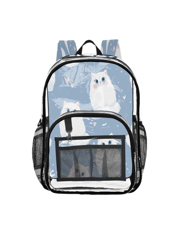 Clear PVC Backpack 12L Transparent Shoulder Bag with Mesh Pockets Fluffy White Cat Seamless Pattern