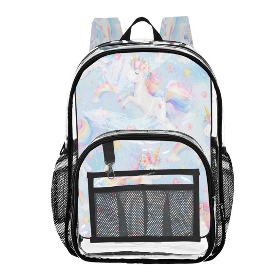 Clear PVC Backpack 12L Transparent Shoulder Bag with Mesh Pockets Flying Unicorn Rainbow Graphic