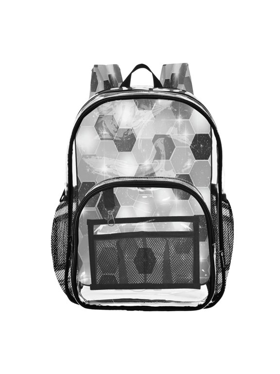 Clear PVC Backpack 12L Transparent Shoulder Bag with Mesh Pockets Futuristic Sparkle Hex Tile
