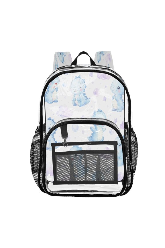 Clear PVC Backpack 12L Transparent Shoulder Bag with Mesh Pockets Gentle Blue Dino Cloud Stars