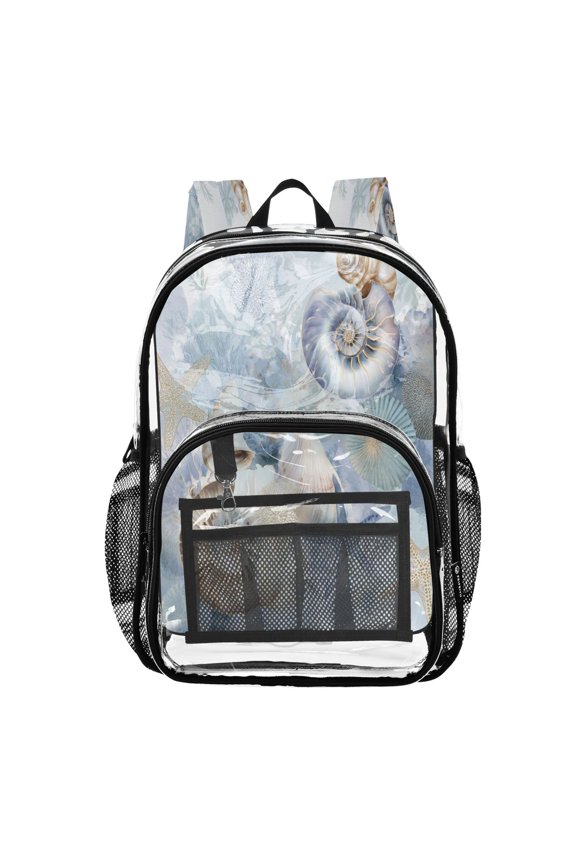 Clear PVC Backpack 12L Transparent Shoulder Bag with Mesh Pockets Gilded Coastal Fossil Watercolor
