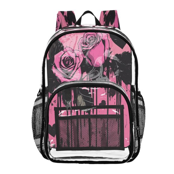 Clear PVC Backpack 12L Transparent Shoulder Bag with Mesh Pockets Gothic Pink Roses Graffiti